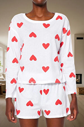 Kadın Kalpli Desenli Pamuklu Pijama Takımı Rahat Kalıp Uzun Kollu Homewear Trend Tasarım Kullanım