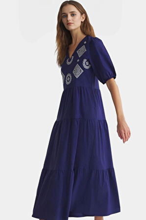 Nakışlı Maxi Elbise Pamuklu Polyester Dokuma Yazlık Günlük Trend Tasarım Seçkin Malzeme