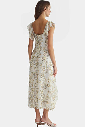 Maxi Şifon Elbise A line Kalıp V Yaka Çiçek Desenli Yazlık Konforlu Kesim Modern Stil