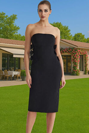 Straplez Fiyonk Detaylı Midi Dokuma Abiye Elbise Uzun Ömürlü Yüksek Kalite Dayanıklı Malzeme