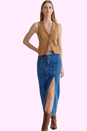 Kadın Denim Midi Etek Yüksek Bel Kalem Kalıp Pamuklu Günlük Stil Yaz Aylarının Vazgeçilmezi