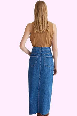 Kadın Denim Midi Etek Yüksek Bel Kalem Kalıp Pamuklu Günlük Stil Yaz Aylarının Vazgeçilmezi