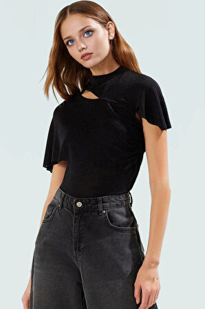 Parıltılı Simli Örme Bluz Dik Yaka Yazlık Şık Günlük Kullanım İçin Rahat Ve