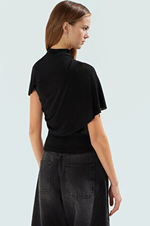 Parıltılı Simli Örme Bluz Dik Yaka Yazlık Şık Günlük Kullanım İçin Rahat Ve