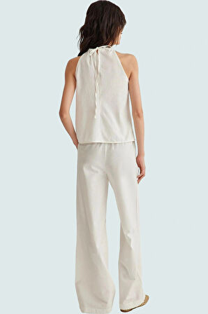 Pamuklu Halter Yaka Bluz Geniş Paça Pantolon Yazlık Takım Rahat Ve Şık Kaliteli İşçilik