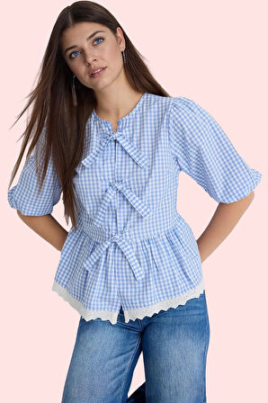 Kadın Gömlek Ekose Desen Bisiklet Yaka Truvakar Kol Regular Kalıp Günlük Kullanım Hafta Sonu