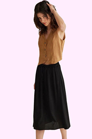 Kadın Midi Boy Kloş Etek Belden Lastikli Crinkle Dokuma Yazlık Günlük Yaz Aylarının Vazgeçilmezi