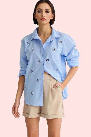 Kadın Regular Kalıp Nakış Detaylı Gömlek Pamuk Günlük Kullanım Hafta Sonu Kaliteli Malzeme