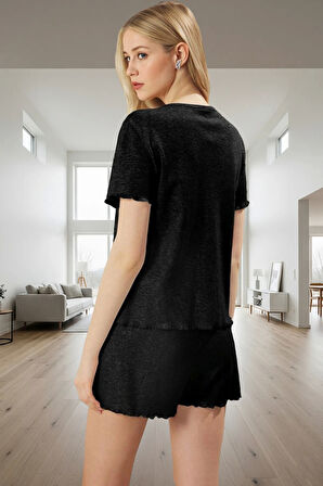 Kadın Melanj Örme Pijama Takımı Düğmeli Gömlek ve Şort Zarif Tasarım Rahat Kullanım