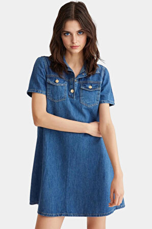 Denim Gömlek Elbise Kısa Kollu Pamuk Casual Günlük Zarifane Tasarım Kaliteli İşçilik