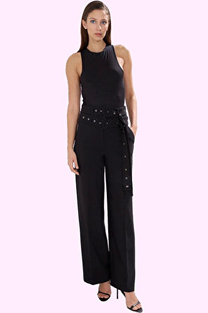 Kadın Yüksek Bel Geniş Paça Dokuma Pantolon Çift Kemerli Şık Tasarım Yaz Aylarının Vazgeçilmezi