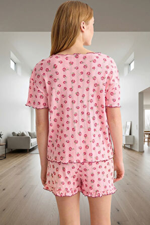 Kadın Çiçekli Fırfırlı Örme Pijama Takımı Rahat Yazlık Kombin Trend Tasarım Günlük Kullanım İçin
