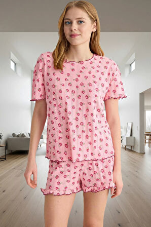 Kadın Çiçekli Fırfırlı Örme Pijama Takımı Rahat Yazlık Kombin Trend Tasarım Günlük Kullanım İçin
