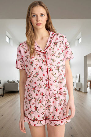 Kadın Kısa Kollu Çiçekli Viskon Pijama Takımı Konforlu Kesim Dayanıklı Malzeme Mükemmel Uyum