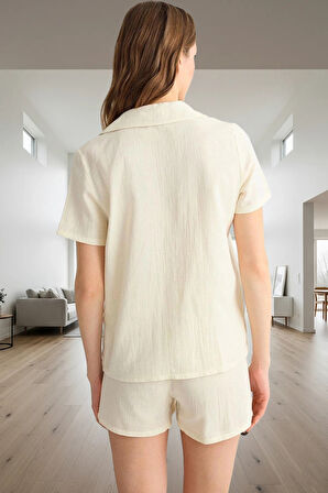 Kadın Pamuklu Kiraz Nakışlı Müslin Pijama Takımı Rahat Yazlık Kullanım