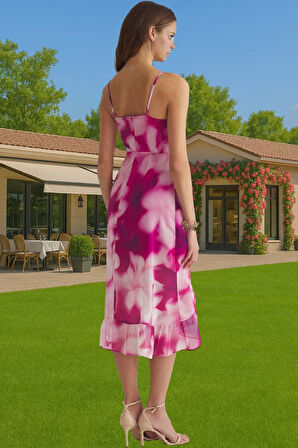 Şifon Kruvaze Midi Elbise Desenli Astarlı Yazlık Günlük Kullanım İçin Mükemmel Uyum Uzun Ömürlü