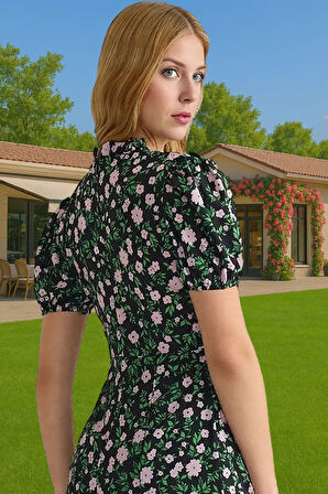 Çiçekli A Kesim Mini Elbise Polyester Moss Krep Yazlık Günlük Konforlu Kesim Şık Görünüm