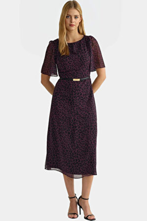 Şifon Midi Elbise A line Kalıp Melek Kol Hayvan Desenli Yazlık Zarifane Tasarım Seçkin Malzeme