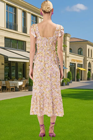 Çiçek Desenli A Kesim Midi Viskoz Elbise Büzgülü Kolsuz Yazlık Dayanıklı Malzeme Profesyonel Görünüm