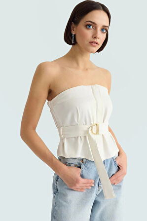Straplez Fitted Gabardin Bluz Kemer Detaylı Yazlık Günlük Şık Görünüm Dayanıklı Malzeme