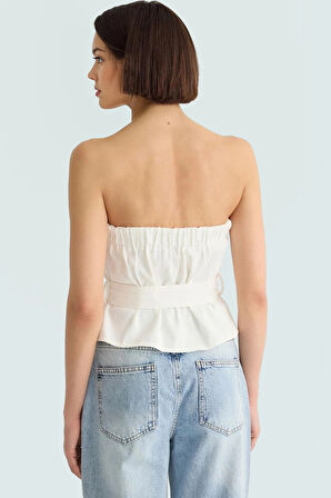 Straplez Fitted Gabardin Bluz Kemer Detaylı Yazlık Günlük Şık Görünüm Dayanıklı Malzeme