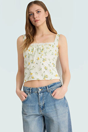 Yazlık Desenli Fitted Crop Bluz Viskoz Dokuma Özenle Seçilmiş Uzun Ömürlü Özel Tasarım