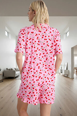 Kadın Viskoz Şortlu Pijama Takımı Kiraz Desenli Yazlık Dayanıklı Malzeme Günlük Kullanım İçin