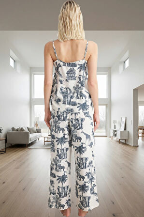 Kadın Tropikal Desenli İnce Askılı Viskon Pijama Takımı Şık Görünüm Seçkin Malzeme