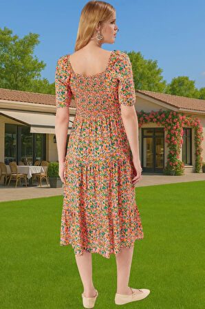 Yazlık A Kesim Balon Kollu Çiçek Desenli Midi Viskoz Elbise Günlük Kullanım İçin Trend Tasarım