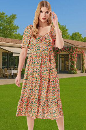 Yazlık A Kesim Balon Kollu Çiçek Desenli Midi Viskoz Elbise Günlük Kullanım İçin Trend Tasarım