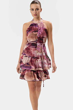 Çiçekli Desenli Halter Yaka Mini Elbise Hafif Polyester Kumaş Yazlık Günlük Şık Görünüm