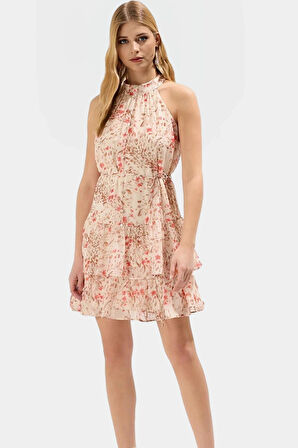 Çiçekli Desenli Halter Yaka Mini Elbise Hafif Polyester Kumaş Yazlık Günlük Şık Görünüm