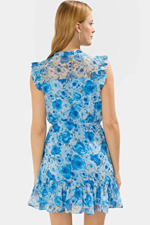 Çiçekli Mini Elbise Dokuma Polyester Yazlık Gündüz Elbisesi Rahat Kullanım