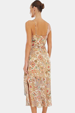 Maxi Şifon Elbise Etnik Desenli A line Kesim Kuşaklı Profesyonel Görünüm Seçkin Malzeme