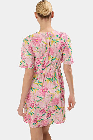 Tropikal Çiçekli A Kesim Viskon Mini Elbise Yazlık Günlük Kaliteli İşçilik Profesyonel Görünüm