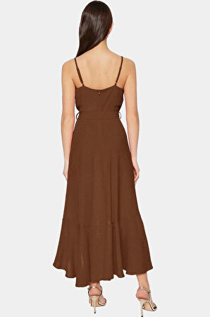 Maxi Elbise A Line Kesimli Kolsuz Dokuma Kumaşlı Kuşaklı Yazlık Günlük Kullanım İçin