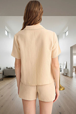 Kadın Pamuklu Dantel Detaylı Müslin Pijama Takımı Rahat Ve Şık Dayanıklı Malzeme