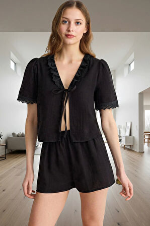 Kadın Pamuklu Müslin Pijama Takımı V Yaka Brodeli Detaylı Rahat Premium Kalite Kullanım