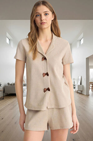 Kadın Waffle Kumaş Kısa Kollu Pijama Takımı Günlük Kullanım İçin Mükemmel Uyum