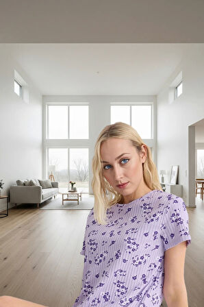 Kadın Çiçekli Fitilli Pijama Takımı Yazlık Rahat Homewear Özel Tasarım Zarif