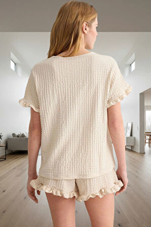 Kadın Örme Pijama Takımı Fırfırlı Şortlu Rahat Kalıp Yazlık Özenle Seçilmiş Trend Tasarım