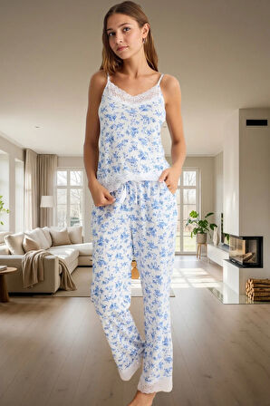 Kadın Viskon Pijama Takımı Dantel Detay İnce Askılı Rahat Lounge Uzun Ömürlü Şık Görünüm