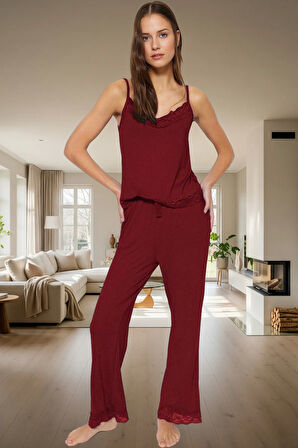 Kadın Viskon Pijama Takımı Dantel Detay İnce Askılı Rahat Lounge Uzun Ömürlü Şık Görünüm
