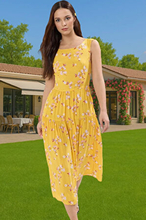 Yazlık Çiçekli Desenli Midi Skater Elbise Viskoz Kumaş Günlük Yüksek Kalite Özenle Seçilmiş