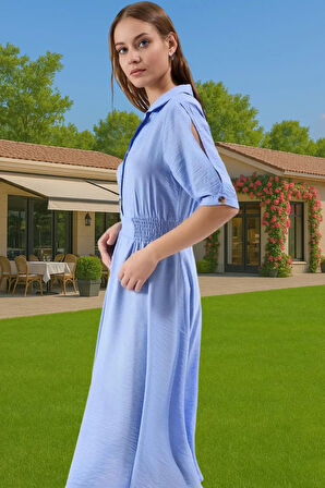 Viskoz Karışımlı A Kesim Midi Elbise Gömlek Yaka Günlük Stil Rahat Kullanım Özenle Seçilmiş