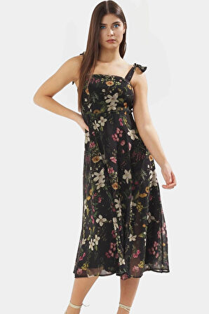 Şifon Astarlı Midi Boy A line Desenli Kare Yaka Elbise Uzun Ömürlü Dayanıklı Malzeme