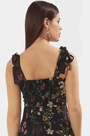 Şifon Astarlı Midi Boy A line Desenli Kare Yaka Elbise Uzun Ömürlü Dayanıklı Malzeme