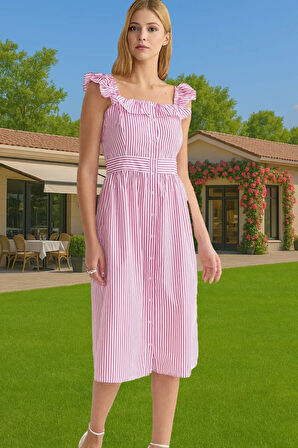 Yazlık Çizgili Midi Gömlek Elbise Pamuklu Polyester Günlük Stil Konforlu Kesim Şık Görünüm