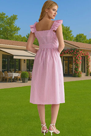 Yazlık Çizgili Midi Gömlek Elbise Pamuklu Polyester Günlük Stil Konforlu Kesim Şık Görünüm