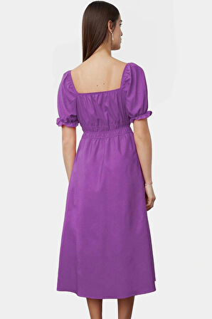 Kadın Yazlık Pamuklu Skater Elbise Kare Yaka Kısa Kollu Rahat Günlük Ve Şık Kaliteli İşçilik